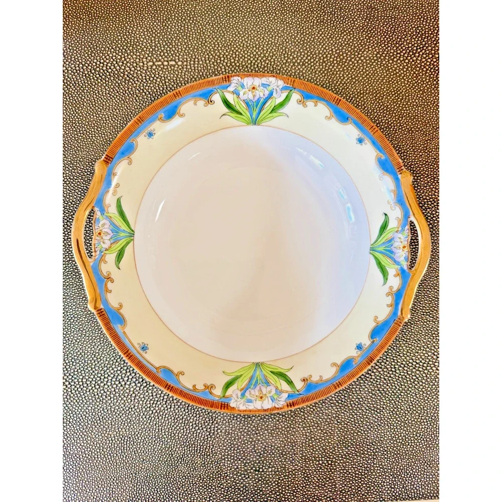 Antique 1920s Art Deco Noritake M Wreath Handled Serving Bowl Floral Gold Japan